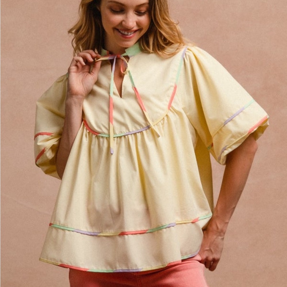 BiBi Pale Yellow Peasant Tunic with Pastel Trim